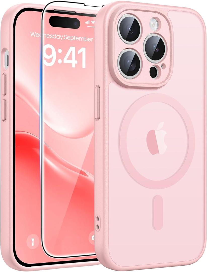 FNTCASE for iPhone 14 Pro Case: [Compatible with Magsafe] Translucent Matte Cases with [Full Camera Protection] [Screen Protector] Military Grade Shockproof Protective Phone Cover - Light Pink