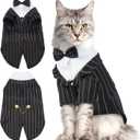 QBLEEV Cat Tuxedo Outfit with Bow Tie, Sphynx Cat Costume Formal Suit Wear | Soft breathable, stylish hairless clothes for cats only, kitten wedding birthday party shirt for male boy, black stipe, M
