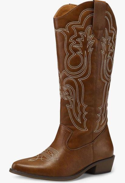 mysoft Women's Cowboy Boots Mid Calf Cowgirl Embroidered Western Pointed Toe Chunky Heel Pull On Knee High Boots 9.5