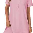 OPOIPIN Women's Collared V Neck Stripe Short Sleeve Button UP Ruffle Hem Shirt Tunic Mini Dress (Pink)