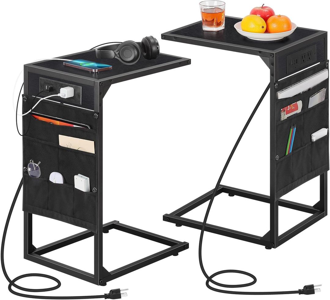 C Shaped End Table Set of 2, TV Tray with Charging Station, USB Ports and Outlets, Slide Under Couch, Storage Bag, for Small Spaces, Black
