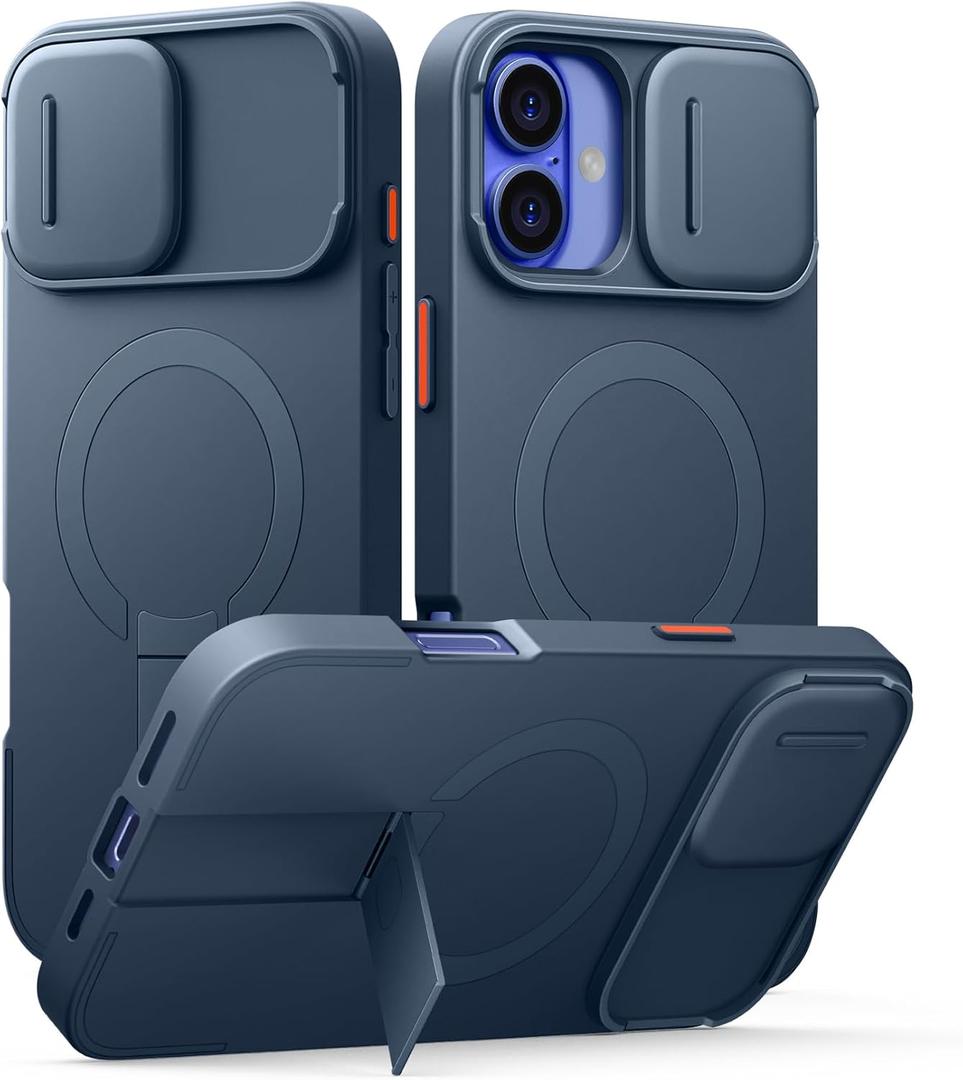 SURITCH for iPhone 16 Plus Case with Magnetic Camera Slide Cover and Adjustable Kickstand, Compatible with MagSafe, Shockproof Bumper Case Slim Protective Cover for iPhone 16 Plus 6.7 Inch, Blue