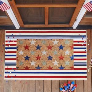 Moucuny 2 Pcs 4th of July Patriotic Coir Door Mat 24'' x 35'' Red Blue White Patriotic Outdoor Rug 16'' x 28'' Star Coir Doormat Non Slip Independence Day Welcome Doormat for Outside Porch Front Decor