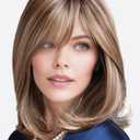 Ombre Strawberry Blonde with Blonde Highlights Short Bob Wig with Bangs for White Women Shoulder Length Layered Straight Bob Synthetic Wigs with Dark Roots Natural Looking Daily Party Wig(14 Inch)