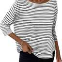 SOFIA'S CHOICE 3/4 Length Sleeve Women's Tops Striped Shirt Boat Neck Loose Fit Shirts White Black X-Large (XL)