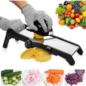 VEKAYA Mandoline Slicer for Kitchen, Stainless Steel Professional Vegetable Slicer with Adjustable Thickness, Ultra Sharp Blades, Safety Gloves & Food Holder, Ideal for Potatoes, Onions, Cucumbers (Black)