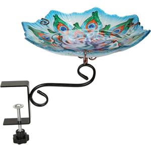 Deck Mounted Bird Bath for Outside, Glass Birdbath Bowl & Birdfeeder with Adjustable Sturdy Metal Clamp for Railing Balcony, 10.5" Dia, Peacock Feather