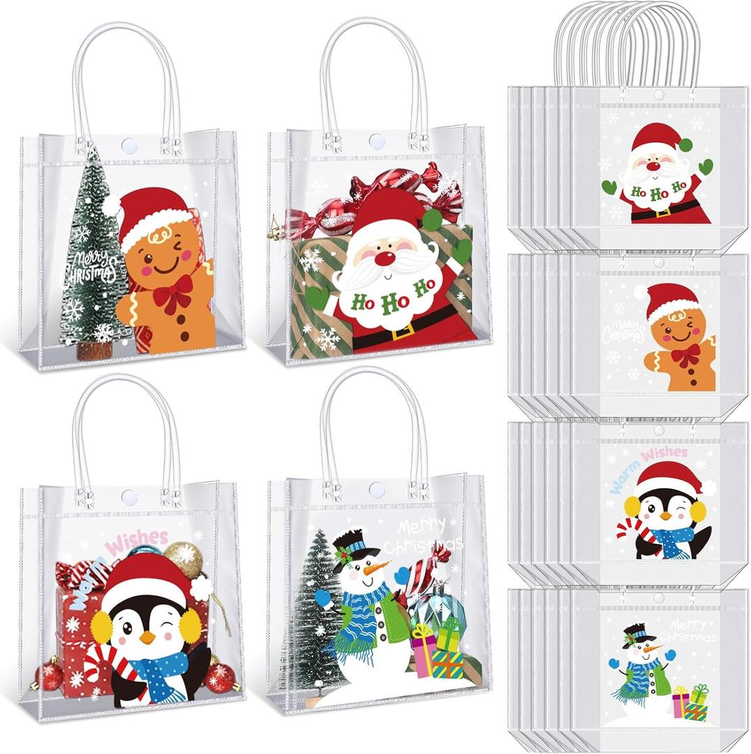 Shinylin 24 Pcs Halloween Goodie Bags for Trick-or-treating Pumpkin Ghost Party PVC Clear Gift Bags with Handles Halloween Candy Pouches for Event Party Rewards Supply(Assorted,Christmas)