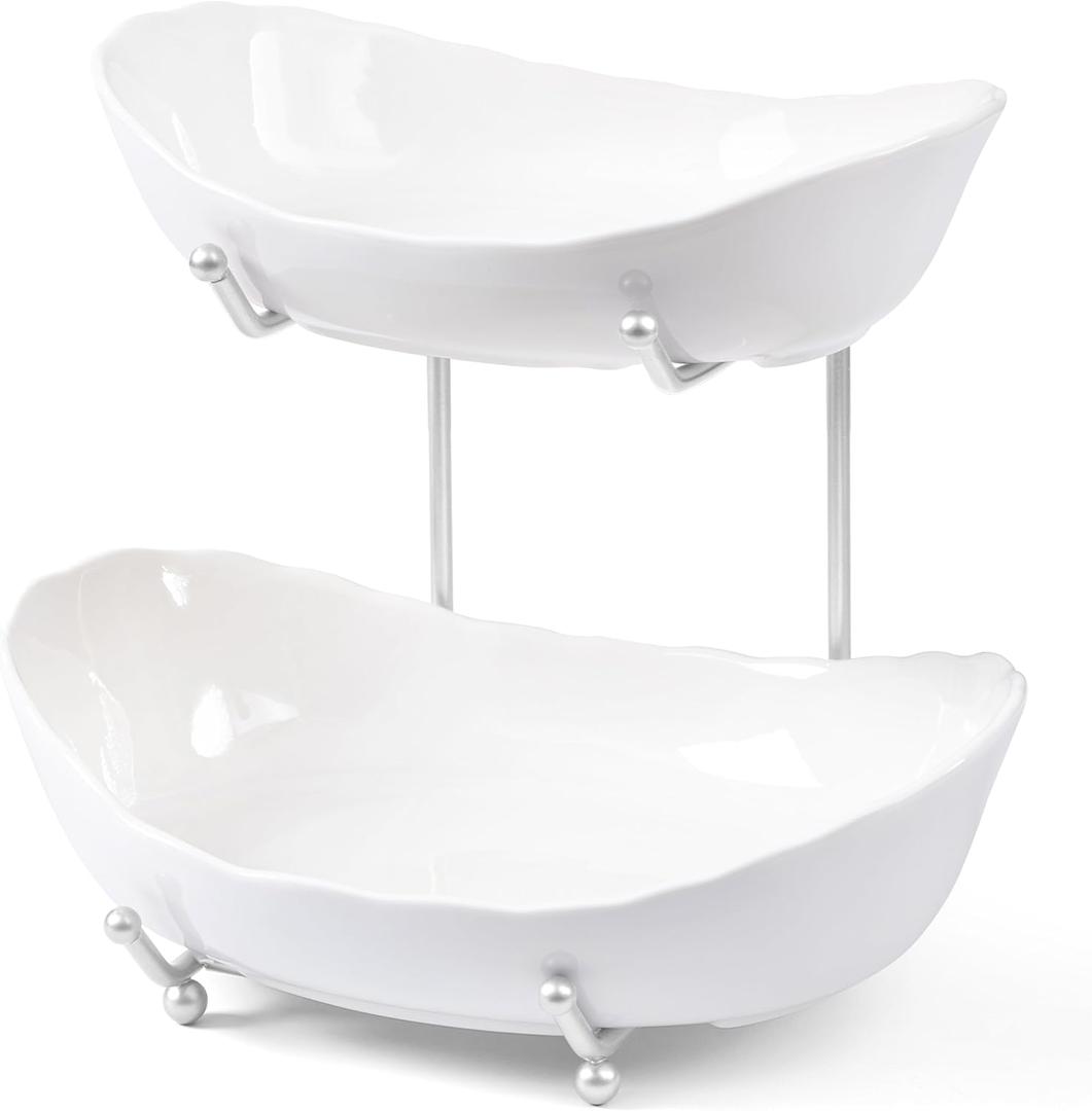 HBlife Fruit Bowl for Kitchen Counter - 2 Tier Ceramic Fruit Bowl with Metal Stand, Tiered Fruit Basket for Kitchen Counter, Serving Platters Serving Trays for Party (White Bowl Silver Rack)