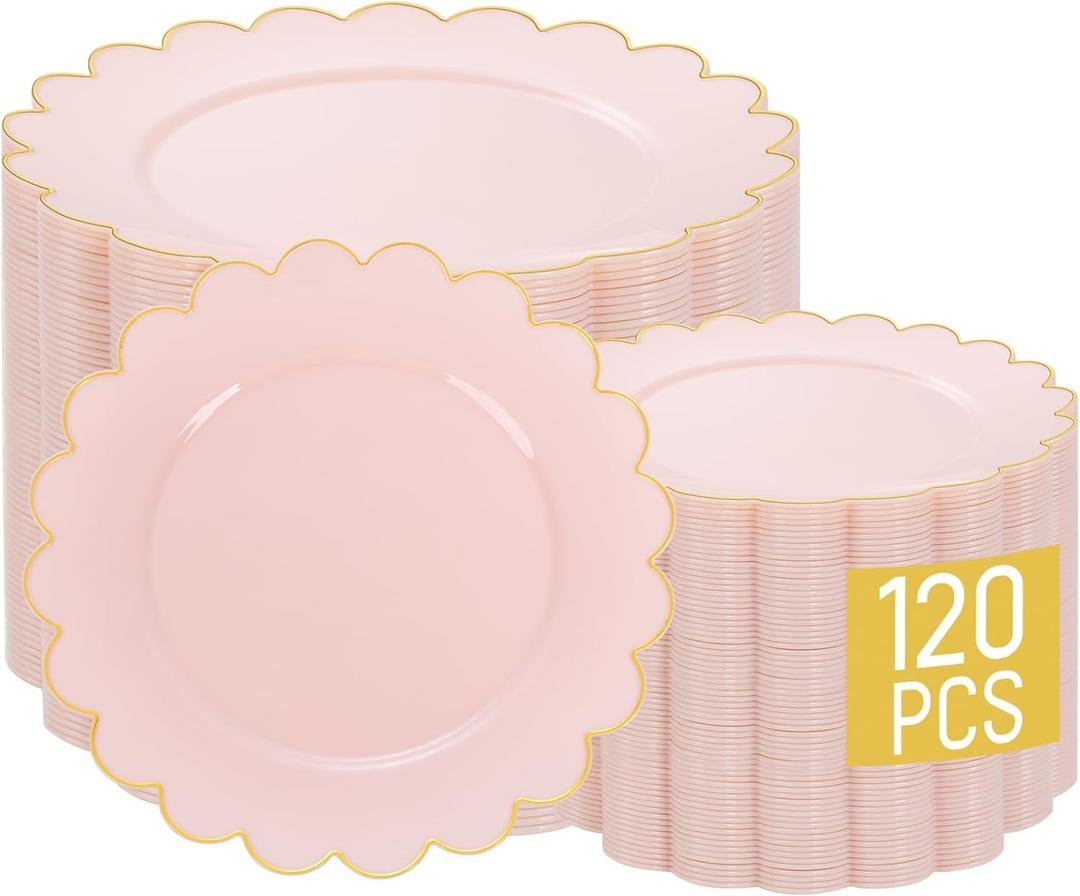 LIYH 120 Pcs Pink Plastic Plates Disposable Set Includes 60 Dinner Plate 10.25" & 60 Dessert Plate 7.5" with Elegant Gold Rim for Party Birthday Baby Shower Easter