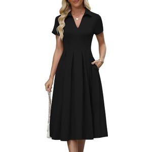 Womens Summer Collared V Neck Midi Dress Business Casual Semi Formal Short Sleeve Wedding Guest Party Dresses Pleated Elegant Classy A-line Cocktail Long Dress for Women Trendy 2025 Black L