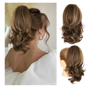14 Inch Ponytail Extension - Clip in Ponytail Hair Extensions, Curly Wavy Pony Tails Hair Extensions, Synthetic Claw Clip Ponytail Extension for Women (Color: Chestnut Brown With Golden Highlights)