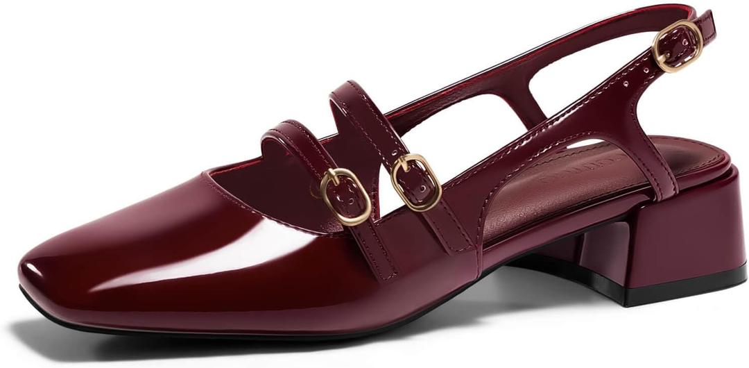 Coutgo Womens Mary Jane Chunky Low Heels Slingback Pumps Closed Square Toe Wedding Dress Shoes (9, Dark Red)