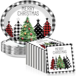 50Pcs Christmas Paper Oval Plates 11inch Black Buffalo Plaid Christmas Tree Plates and Napkins for Xmas Party Decoration Disposable Xmas Dish Tray Serve 25 for Holiday Winter Party Supplies