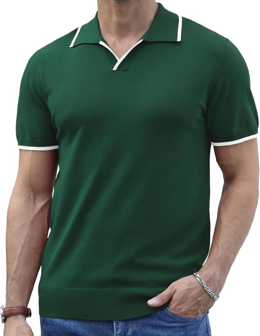 Men's Summer Knit Polo Short Sleeve V-Neck Collared Golf Shirt (Black)