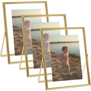 Gold Floating Picture Frame Set of 3, 46" Gold Metal Display Frame, Tempered Glass Photo Frame for Desk Tabletop Display