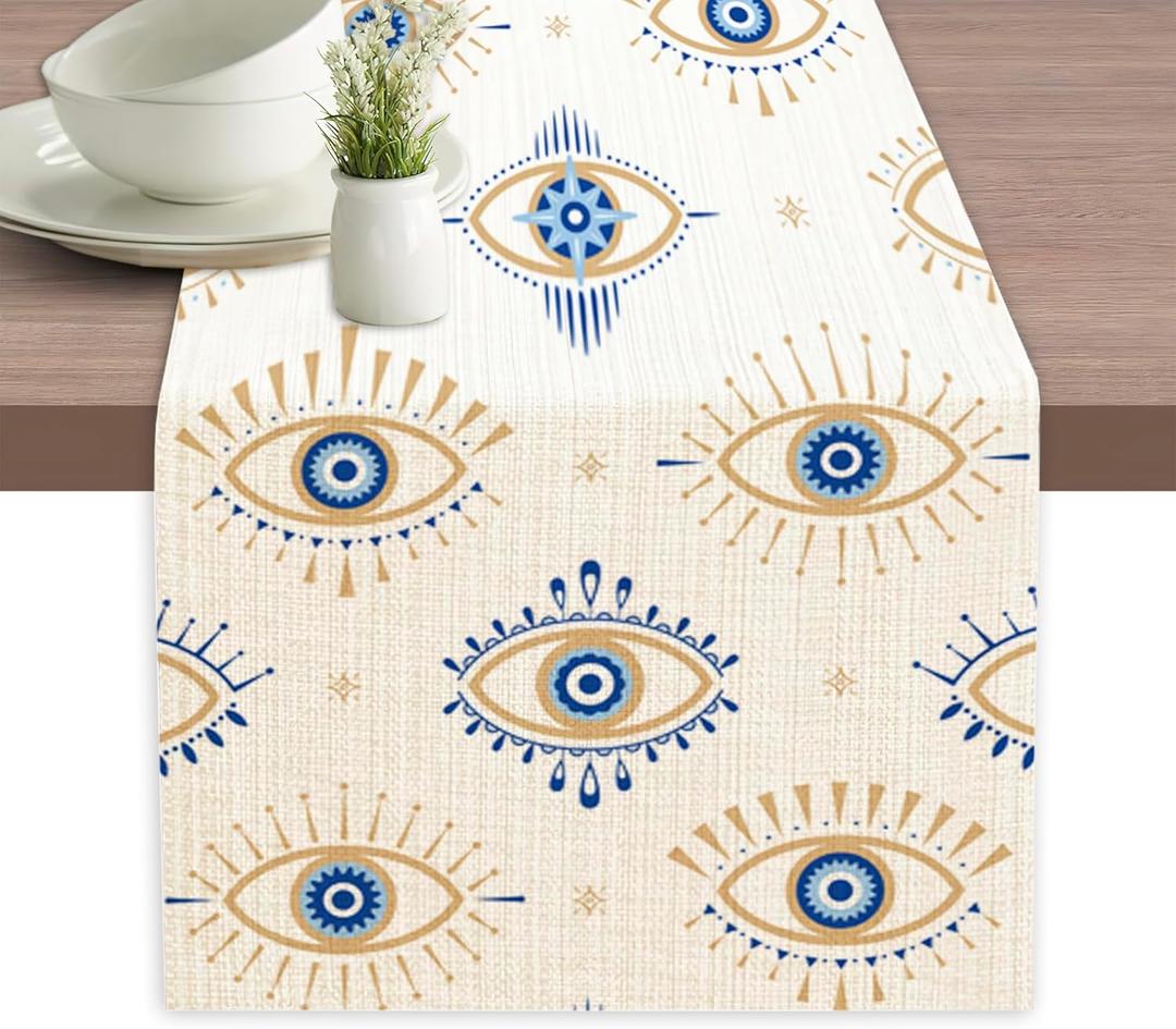 Evil Eye Pattern Table Runner Dresser Scarves Seasonal Linen Tablerunner for Indoor Outdoor Kitchen Home Party Holiday Dining Table Decor 13 X 70 Inch