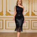 dasmzper Women Sexy Sequin One Shoulder Long Sleeve Tassel Hem Bodycon Midi Dress Party Cocktail Dress (Black, XL)