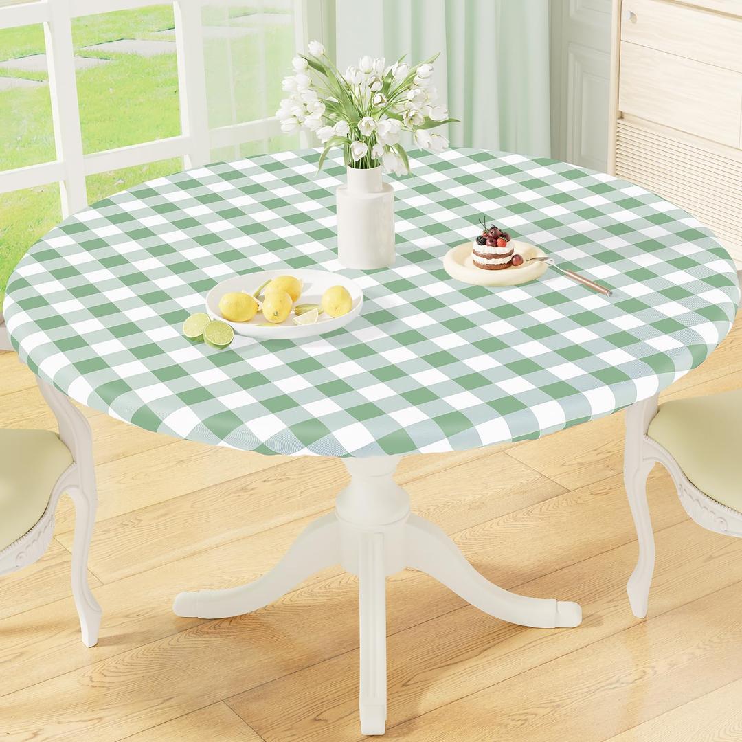 misaya Round Fitted Tablecloth with Elastic Edge, Buffalo Plaid Waterproof Vinyl Flannel Backed Table Cloth Cover Fits 45"-56" Round Tables for Dinner, Outdoor, Picnic, Sage Green White Check