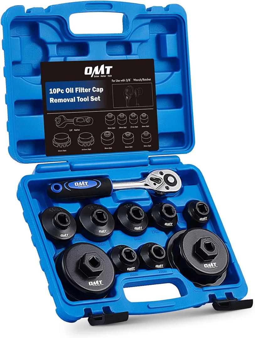 Orion Motor Tech Oil Filter Wrench Set, 10pc Oil Filter Socket Set, 3/8" Drive Metric Oil Filter Cap Wrench Removal Tool Kit, Low Profile Oil Filter Socket Set Compatible with Toyota VW BMW Mercedes (9 Sizes from 24 to 64.5mm)