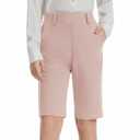 CharmWM Girls School Uniform Bermuda Shorts Elastic High Waisted Straight Leg Midi Short Pants with Pockets Pink (Pink)