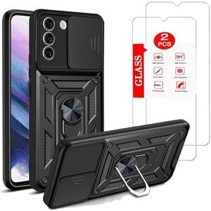 Anvzle for Samsung Galaxy S21 5G Case with [2 Pack] Tempered Glass Screen Protector, for Galaxy S21 [Military-Grade] Protective，Lens Protects Magnetic Kickstand Holder Phone Case Black