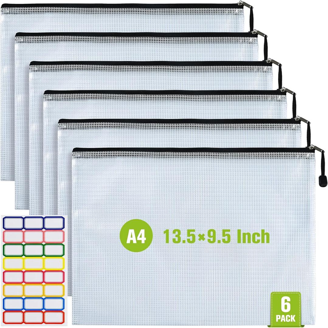 Mesh Zipper Pouch, 6PCS Waterproof Plastic Mesh ZipperBag, A4 Size Tear-Resistant Document Pouch, Extra Large Zip File Bags, for School Office Supplies Home Travel Storage(13.59.5 Inch)