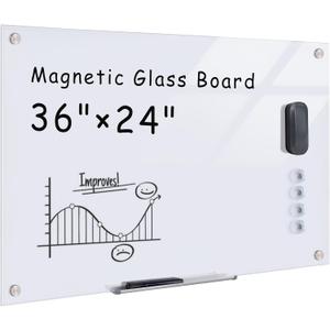 Mifuro Magnetic Glass Whiteboard，36"x24" Wall Mounted Frameless Dry Erase Board for Office, Home & School Ultra White