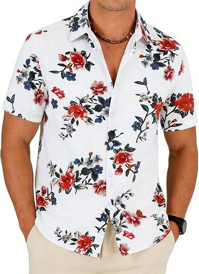 TIXMIE Mens Cotton Hawaiian Shirt - Casual Short Sleeve Button Down Shirts, Tropical Floral Shirt for Summer Beach Vacation Party Whitered M
