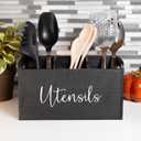 Black Kitchen Utensil Holder for Countertop Large 3-Compartment Cooking Utensil Organizer & Caddy with Drain Holes, Modern Wood Utensil Holder for Kitchen Counter, Spatula & Spoon Storage