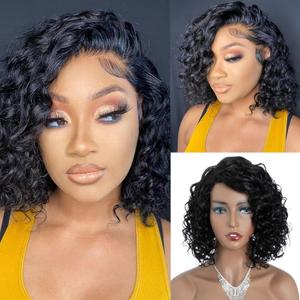 Short Water Wave Wig Human Hair C Parted Glueless HD Lace Wig Black Side Part Short Wave Lace Wigs Curly Bob Wear and Go Wig 150% Density
