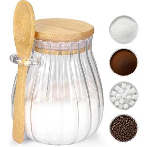 Sugar Container with Bamboo Lid and Spoon,15 oz Sugar Bowl Glass Jar for Coffee Bar Accessories Coffee Canister Kitchen Decor Housewarming Gift Christmas Refillable Design