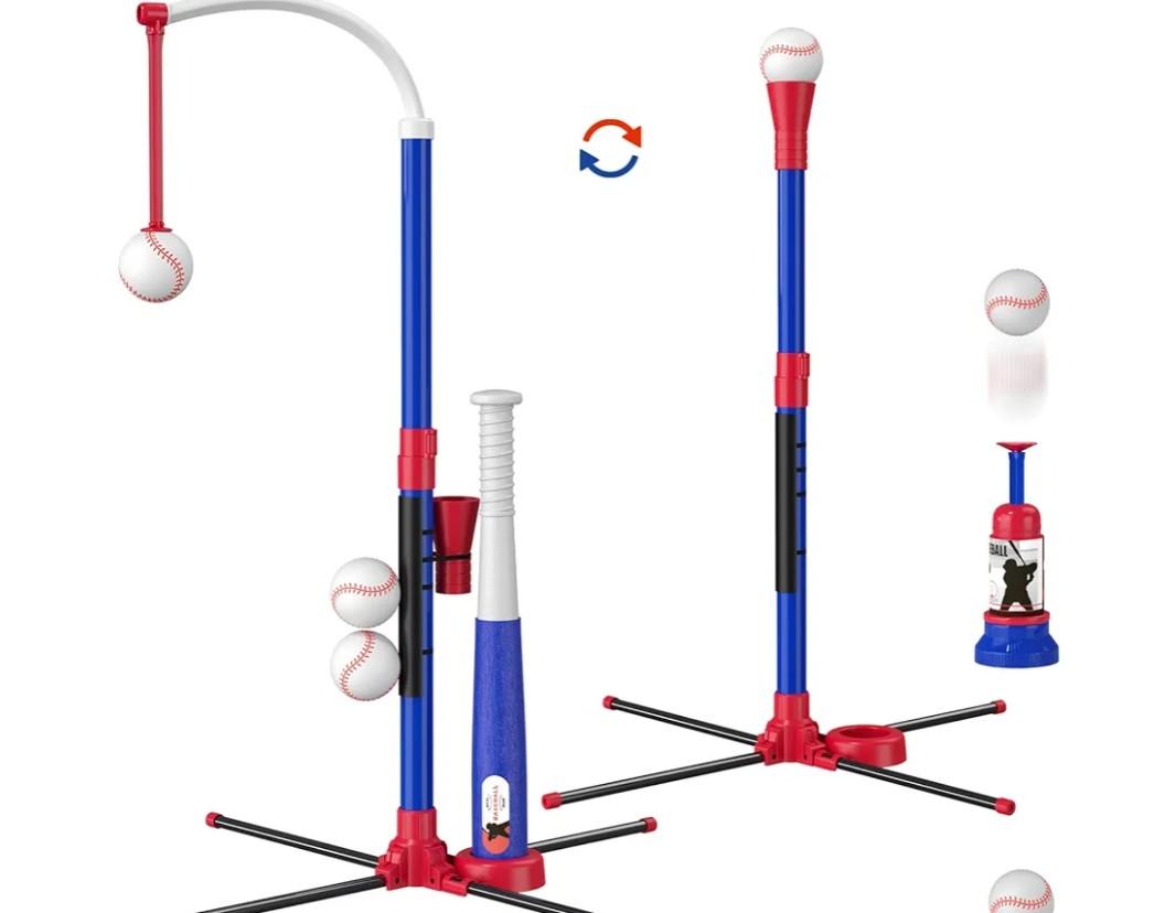 3-in-1 Baseball Set for Kids 3-5 - Tee Ball Stand, Hanging Tee, Ball Launcher and 6 Softballs - Adjustable Height, Indoor/Outdoor Sport Gifts for Boys Girls, Blue