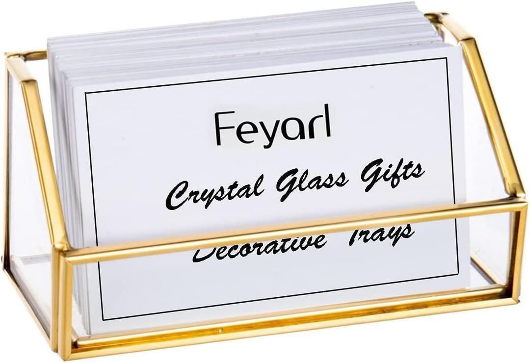 Feyarl Gold Glass Business Card Holder Desktop Name Card Display Office Business Card Stand Organizer Storage for Meeting Store Reception Exhibition (1 slot)