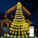 Christmas Solar Decorations Star Lights Outdoor, 11.48ft 350LED Waterfall Tree Lights with 8 Modes Timer Remote String Lights USB Powered for Garden Yard Patio Home Holiday Party Decor, Warm White