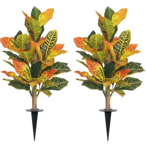 UV-Resistance 35inch Artificial Croton Plant, 2 Pack Fake Croton with Ground Spike, Faux Fiddle Leaf Fig Tree for Outdoor Home Decor
