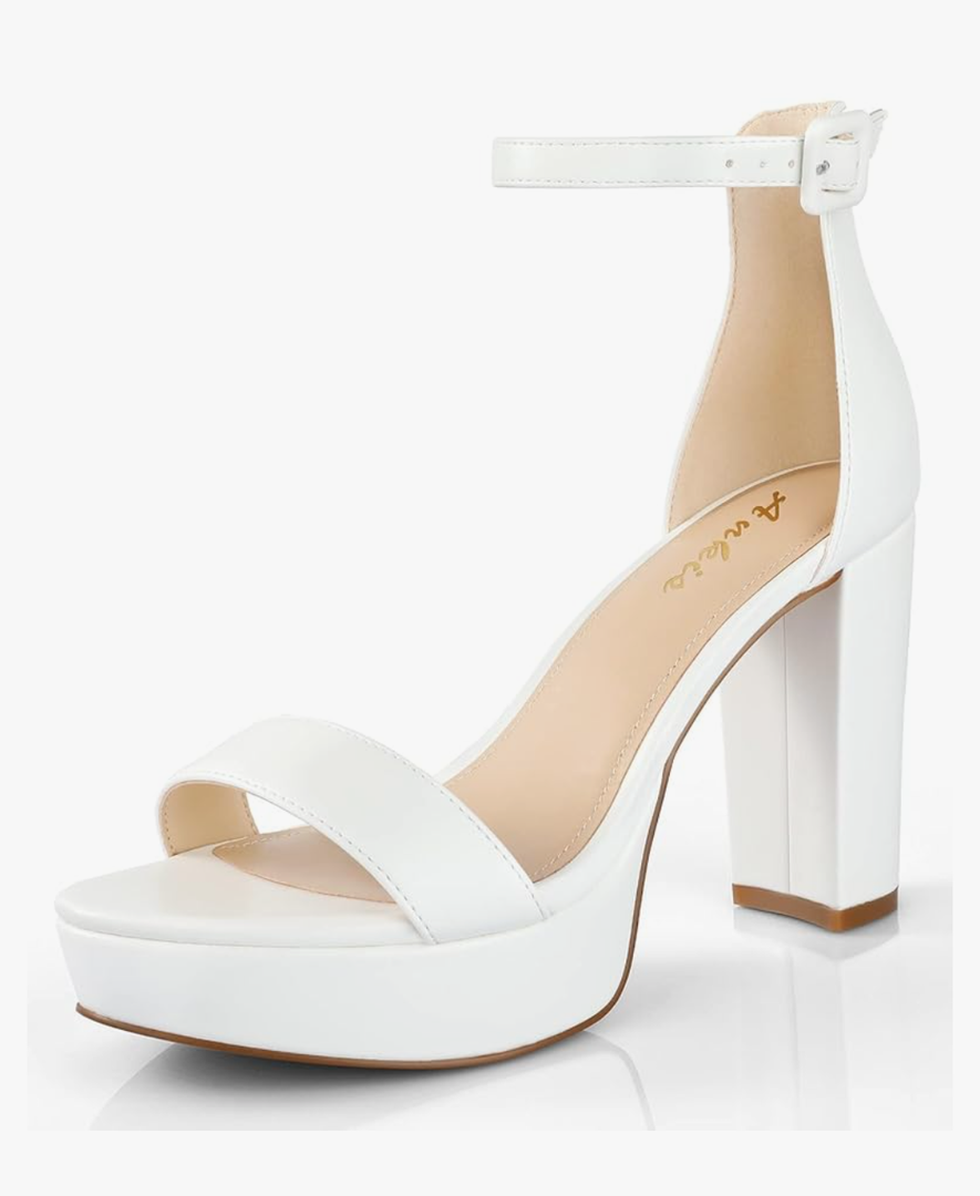 DREAM PAIRS Women's Hi-Chunk High Heel Pump Sandals, White Pu, 7.5