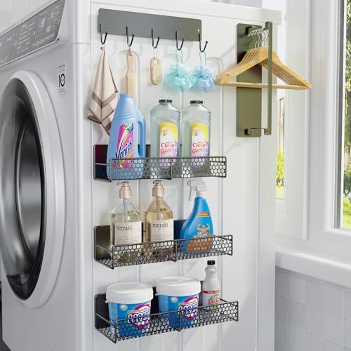 STON ELDER 5 Pack Magnetic Shelves for Washing Machine, Magnetic Spice Racks for Refrigerator, Laundry Organizer with Hooks, Hanger Organizer Stacker, Magnetic Hanger Holder, Utility Room, Kitchen