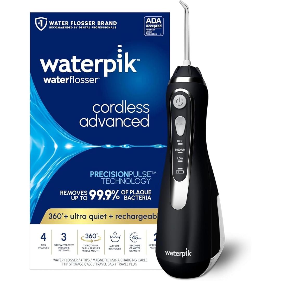 Waterpik Cordless Advanced 2.0 Water Flosser For Teeth, Gums, Braces, Dental Care With Travel Bag and 4 Tips, ADA Accepted, Rechargeable, Portable, and Waterproof, Black WP582