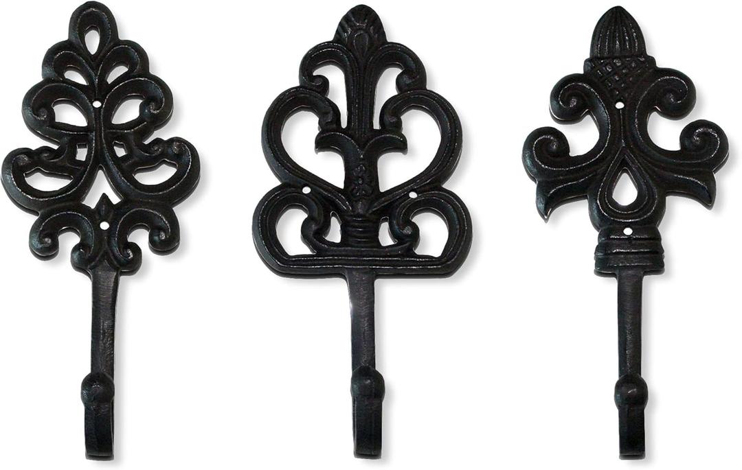 Wallcharmers Set of 3 Rustic Decorative Wall Hooks 8 | Victorian Shabby Chic Fleur De Lis Antique Towel Hooks for Hanging | Gothic Cast Iron Farmhouse Indoor Outdoor Key, Dog Leash, & Towel Hanger