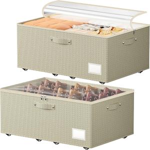 Dayacoco Underbed Storage with Wheels, 2 Pack Under Bed Storage Containers with Clear Lids, No Assembly Required, 10.1 inch Rolling Under Bed Storage for Clothes, Beige