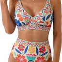 Herseas Women's Floral Print High Waisted Bikini Sets V Neck Swimsuits Bathing Suits 2026 Beach Swimwear (L)