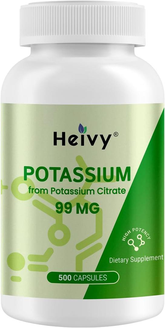 Heivy Potassium Citrate 99mg 500 Capsules | Potassium Supplement for Electrolyte Support | Vegan, Gluten-Free| Lab Tested | Made in USA