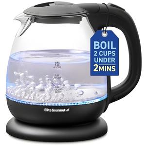 Elite Gourmet EKT1001B Electric 1.0L BPA-Free 1100W Glass Kettle Cordless 360° Base, Stylish Blue LED Interior, Handy Auto Shut-Off Function – Quickly Boil Water For Tea & More, Graphite Black