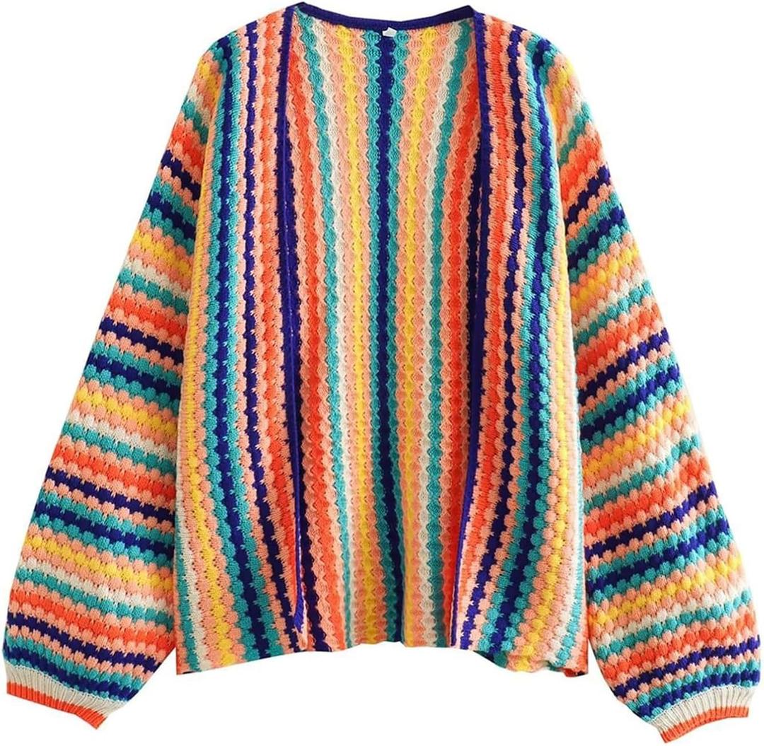 YKR Womens Colorful Cardigan Crop Long Sleeve Color Block V Neck Cardigan Sweater Open Front Crochet Knit Top L Rainbow Large