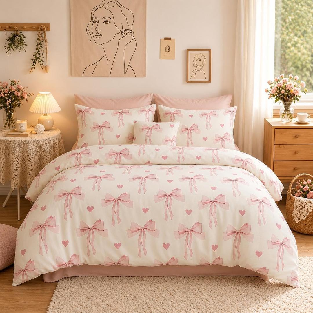 Pink Bow Comforter Set Queen Size - 3 Pieces Pink White Heart Comforter Bedding Sets Reversible Pattern,Queen Bed in a Bag for Girls Comforter and 2 Pillowcases