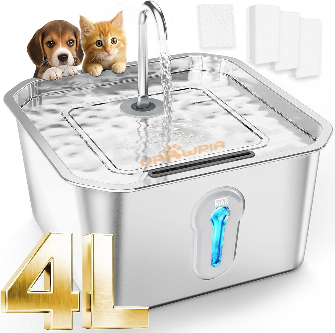 4L Large Capacity Cat Water Fountain Stainless Steel with 3 Filters Pet Water Fountain for Drinking Watering Supplies Pets Dog Small Animal Automatic Cat Water Dispenser for Cats Quiet Indoor
