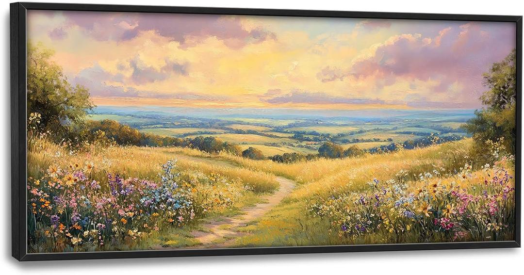 Framed Large Rustic Wall Art for Living Room, Oversized Farmhouse Countryside Nature Landscape Wall Decor Wildflower Field Canvas Painting Floral Pictures Modern Artwork for Bedroom Office 60"x30"