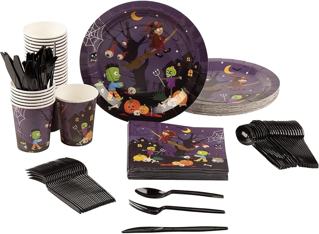 BLUE PANDA - Spooky Halloween Party Bundle, Includes Plates, Napkins, Cups, and Cutlery (24 Guests,144 Pieces) - Spooky Party Plates
