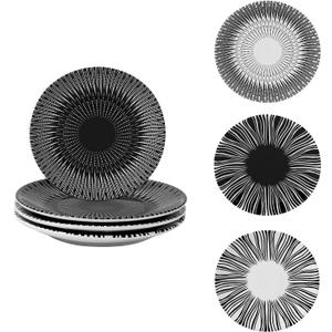 6 Inch Set of 4 Assorted Designs, Porcelain Plates With Patterns,Black Ceramic Dessert Plates, Dishware for Sandwiches Salad Pasta,Microwave Oven Dishwasher Safe